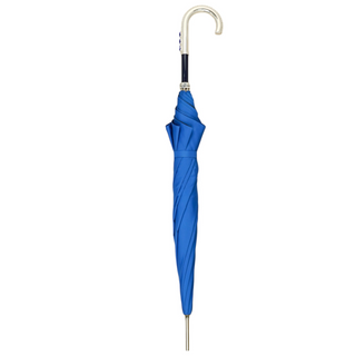 Royal blue satin canopy sapphire handle automatic luxury men's Italian umbrella close-up