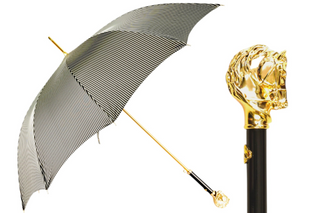 Gentleman's gold 24K handle black striped automatic Italian umbrella front view