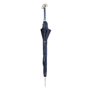 Navy silver skull handle studded canopy automatic handmade Italian umbrella close-up