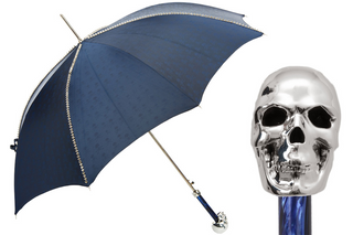 Navy silver skull handle studded canopy automatic handmade Italian umbrella front view