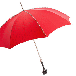 Red automatic Italian skull handle studded luxury umbrella side view