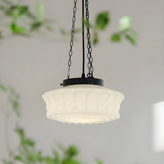 Adjustable white pendant with round vintage glass shade