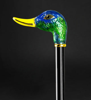 24K gold enamel duck head handle black beechwood Italian luxury walking cane side view