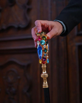 24K gold-plated crystal handle black beechwood handcrafted Italian walking cane close-up