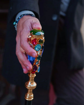 24K gold-plated crystal handle black beechwood handcrafted Italian walking cane side view