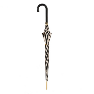 Black white striped leather handle automatic handmade Italian umbrella close-up