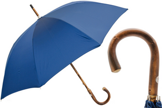 Chestnut wooden solid stick blue handmade Italian rain umbrella front view