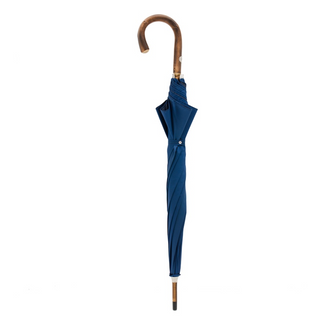 Chestnut wooden solid stick blue handmade Italian rain umbrella close-up