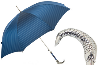 Fish handle automatic blue canopy handmade Italian men's umbrella front view
