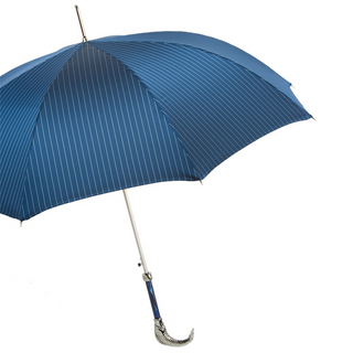Fish handle automatic blue canopy handmade Italian men's umbrella side view