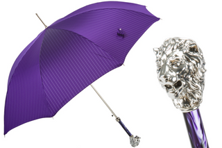 Purple luxury silver lion handle handmade Italian men's umbrella front view