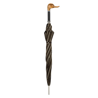 Hand carved duck wooden handle handmade Italian men's umbrella close-up