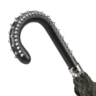 Black studded leather handle waterproof handmade Italian luxury umbrella close-up