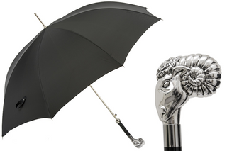 Luxury silver ram handle automatic handmade Italian men's umbrella front view