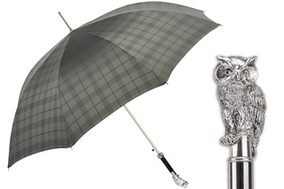 Silver owl checkered gray golf ball handle handmade Italian men's umbrella front view
