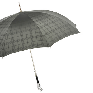 Silver owl checkered gray golf ball handle handmade Italian men's umbrella side view