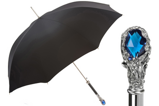 Black luxury blue gem handle Italian handmade men's umbrella front view