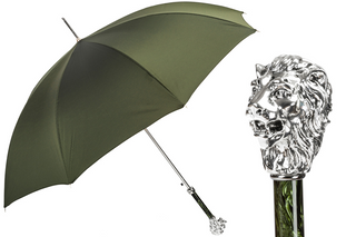Green luxury silver lion handle handmade Italian men's umbrella front view