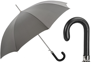 Grey leather handle durable polyester canopy handmade Italian men's umbrella front view