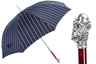 Striped silver monkey handle automatic handmade Italian men's umbrella front view