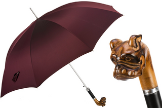 Hand carved bulldog wooden handle handmade Italian men's umbrella front view