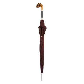 Hand carved bulldog wooden handle handmade Italian men's umbrella close-up