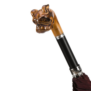 Hand carved bulldog wooden handle handmade Italian men's umbrella detail