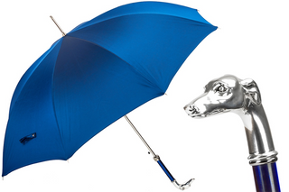 Blue luxury silver greyhound handle handmade Italian men's umbrella front view