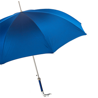 Blue luxury silver greyhound handle handmade Italian men's umbrella side view