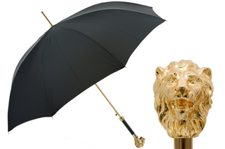 Black luxury gold lion handle automatic handmade Italian men's umbrella front view