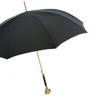 Black luxury gold lion handle automatic handmade Italian men's umbrella close-up