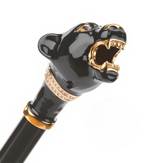 Black panther brass handle automatic handmade Italian men's rain umbrella close-up