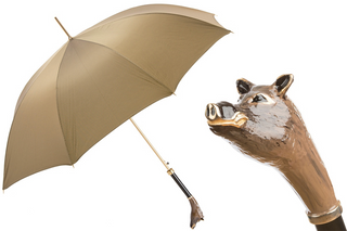 Boar enameled brass handle large canopy handmade Italian men's umbrella front view