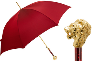 Luxury red gold lion handle automatic handmade Italian craft umbrella front view