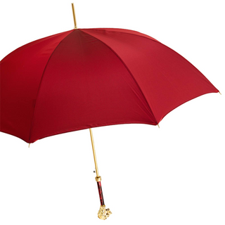 Luxury red gold lion handle automatic handmade Italian craft umbrella close-up