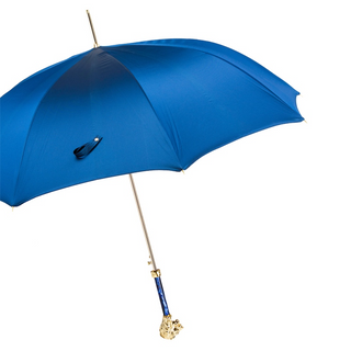 Luxury blue lion handle automatic handmade Italian men's umbrella close-up