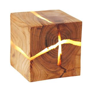 Solid wood art crackle lamp wide view — modern natural warm