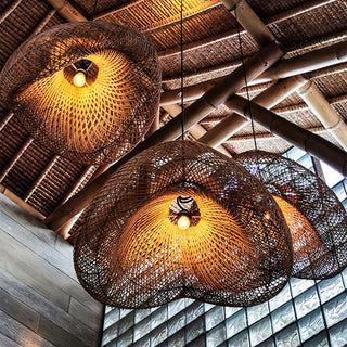 Handmade rattan cloud pendant side view — Bauhaus ceiling fixture