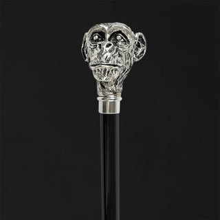Silver sculpted monkey handle black beechwood Italian luxury walking cane side view