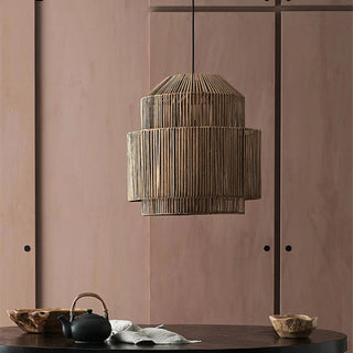 Natural rattan pendant light side view — boho kitchen island fixture