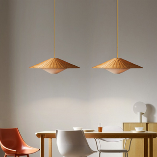 Boho natural wood pendant over farmhouse dining table