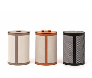 Penelope compact bathroom trash bin leather accent napkin detail