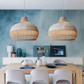 Handwoven wicker shade pendant — kitchen island fixture