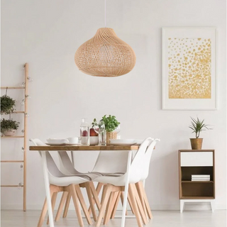 Handmade rattan boho pendant lamp with wood finish — warm glow