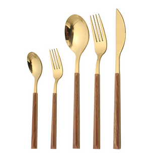 wooden handle cutlery durable stainless steel dining flatware wood grain front view