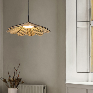 LED rattan pendant close-up — adjustable boho wooden ceiling lamp