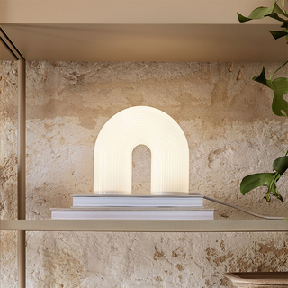White arch LED lamp setting — modern metal wide view