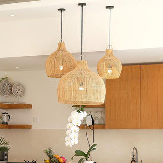 Wicker pendant from below — boho rattan kitchen island light
