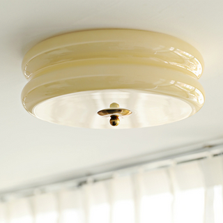 Art Deco Ceiling Light - LED Cream Cake Lamp With Glass Shade & Jade Finish