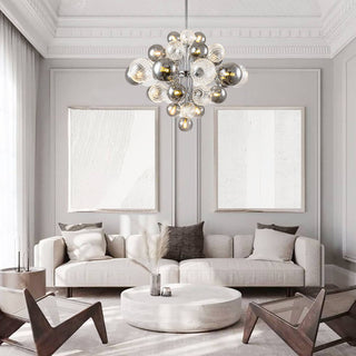 Designer bubble glass cluster chandelier setting — round pendant wide